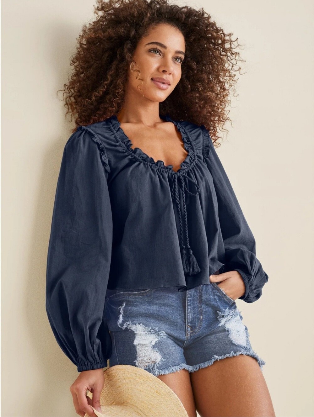 NWT VENUS Tassel Long Sleeve Top-Navy